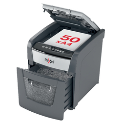 Distrugător documente automat REXEL Optimum 50X, P4, cross-cut (confeti), 50 coli, cos 20 l, negru-gri