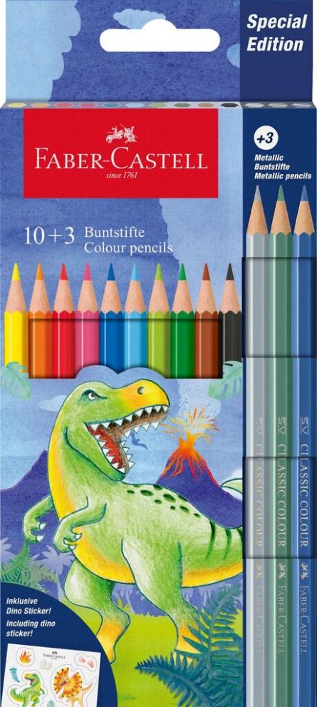 Set creioane colorate, 10 + 3 culori, Dinozauri, Faber-Castell
