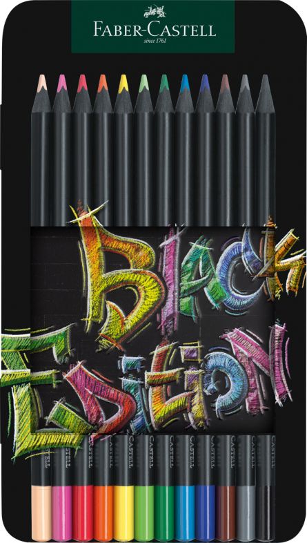 Set creioane colorate, Black Edition, 12 culori, cutie metal, Faber-Castell