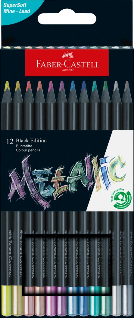 Set creioane colorate, Black Edition, 12 culori metalizate, Faber-Castell