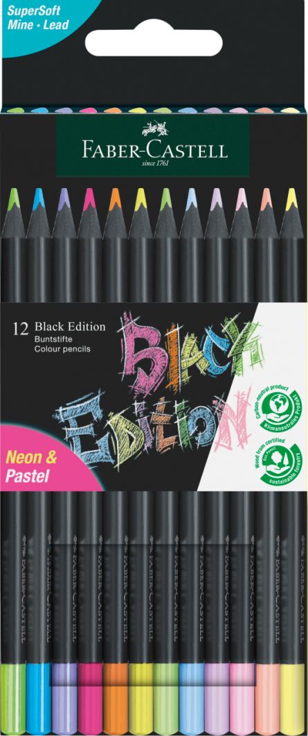 Set creioane colorate, 12 culori pastel și neon, Black Edition, Faber-Castell