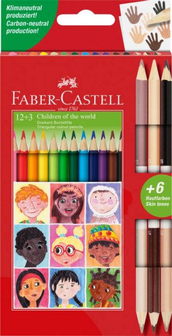 Set creioane colorate, 12 + 3 culori piele, Children of the world, Faber-Castell