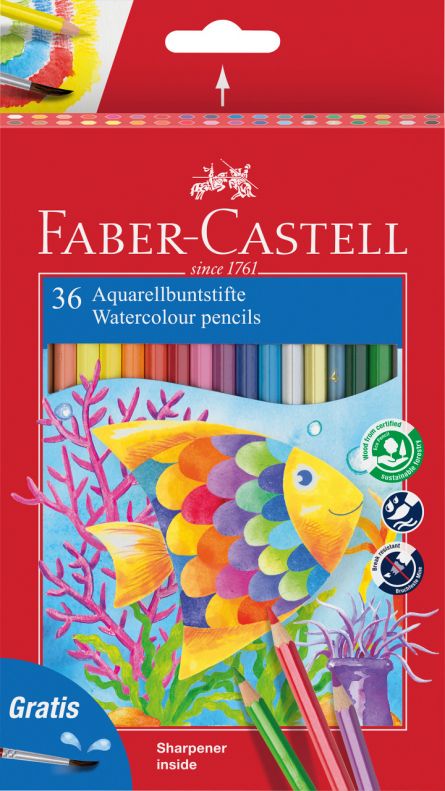 Set creioane colorate acuarela, 36 creioane color + pensulă, Faber-Castell