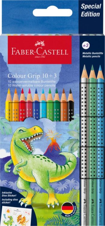Set creioane colorate, 10 + 3 culori, grip 2001 Dinozauri, Faber-Castell