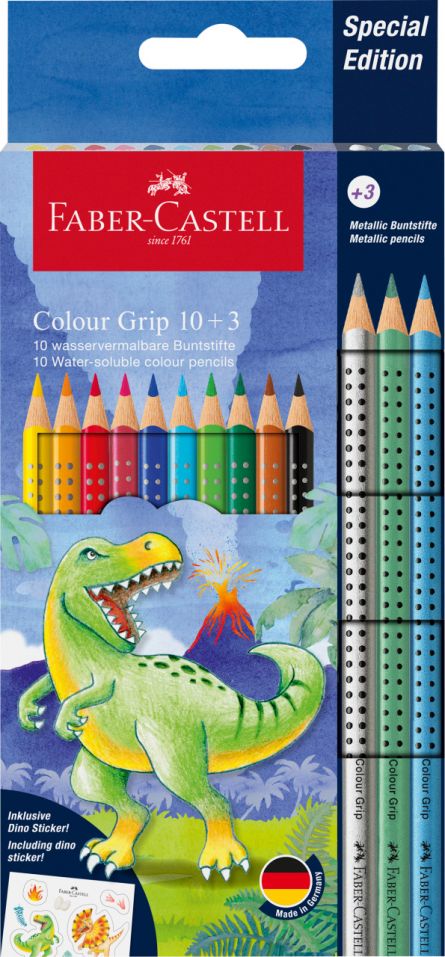 Set creioane colorate, 10 + 3 culori, grip 2001 Dinozauri, Faber-Castell