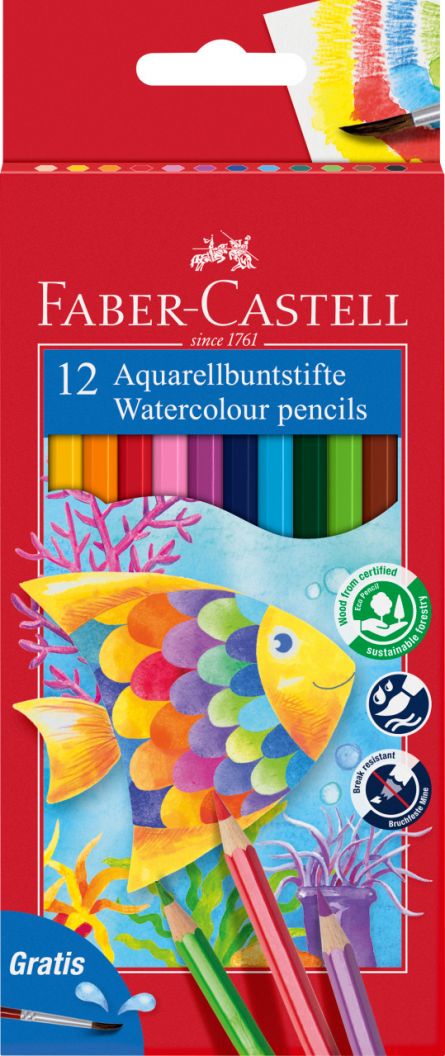 Set creioane colorate, acuarela, 12 culori și pensulă, Faber-Castell