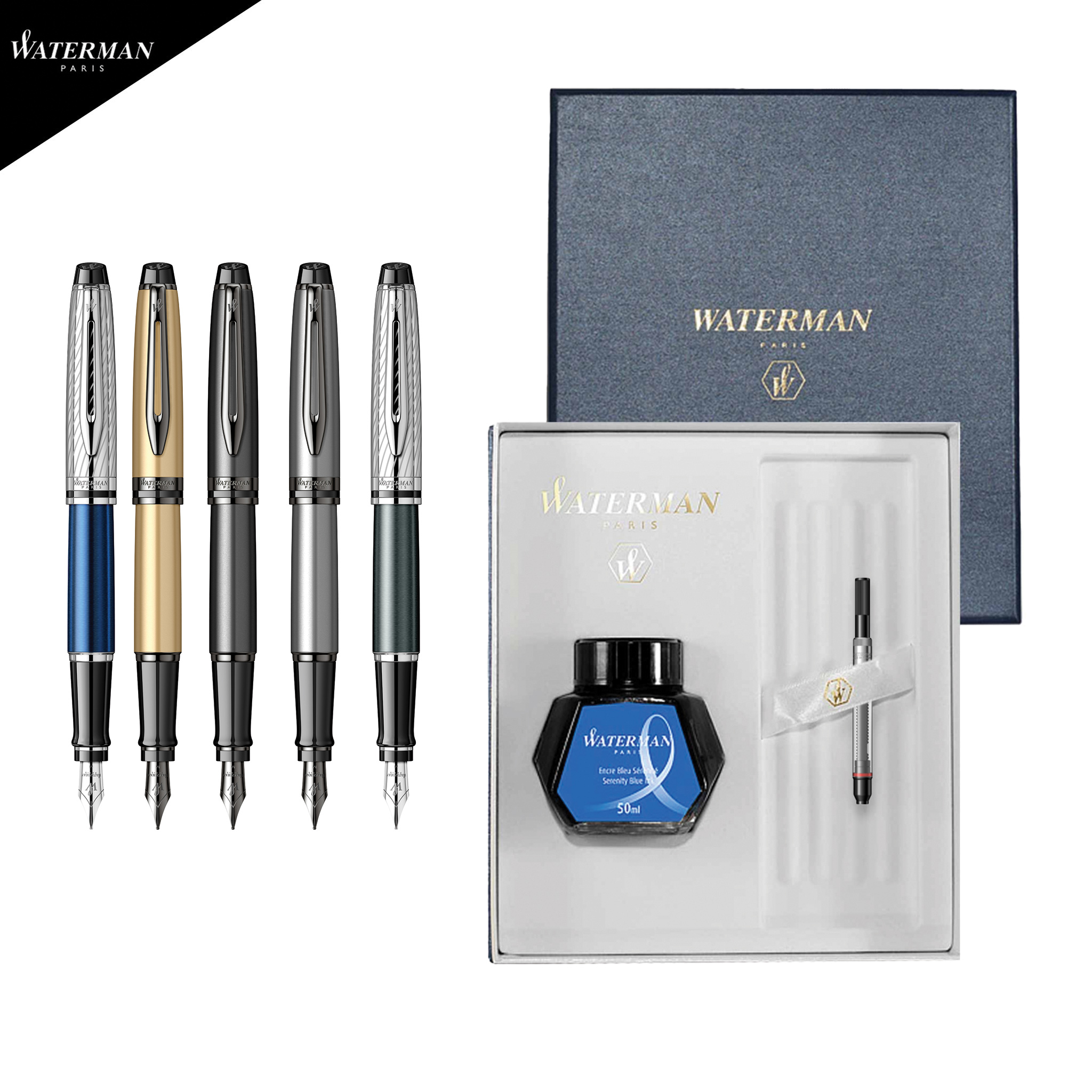 Set stilou Expert Metalic și casetă cu cerneală, Waterman Set stilou Expert Metalic și casetă cu cerneală, Waterman